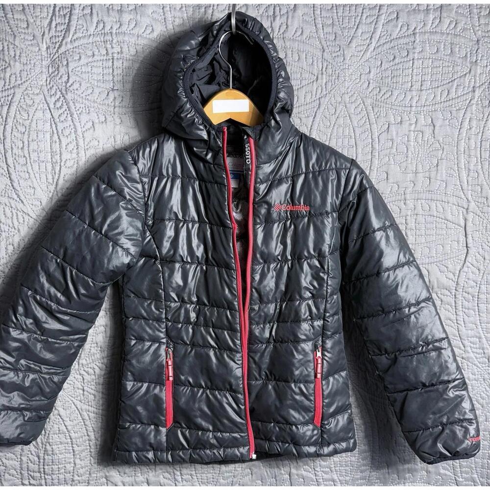 columbia Girls Size m (10/12) black turbodown omni heat hooded puffer jacket‎